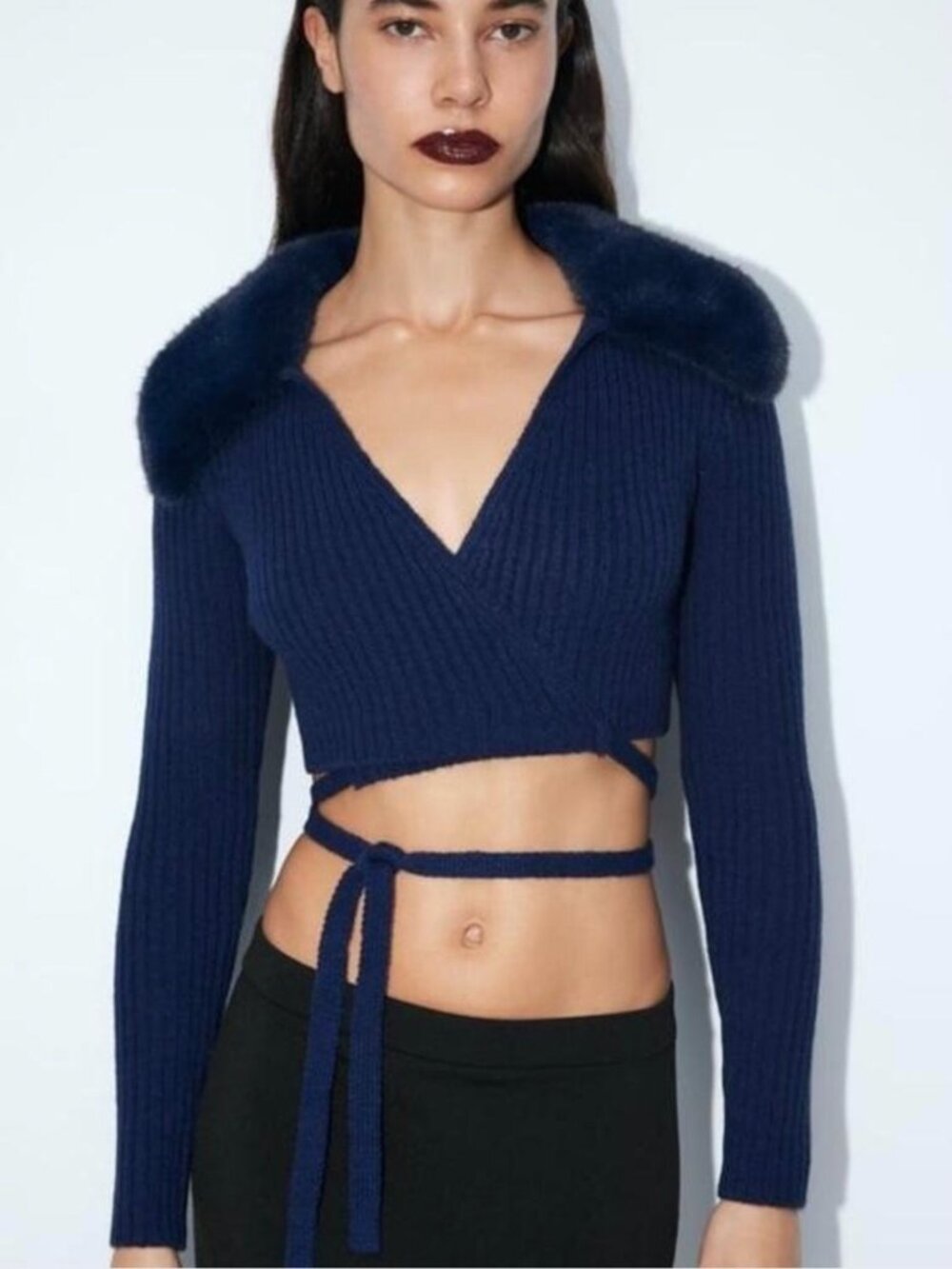 Zara Faux Fur Collar Cropped Cardigan M Rib Knit Wrap Fairy Grunge Coquette Y2K